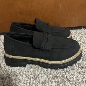 Womens Size 37 (6.5/7) Shoes Black Leather Comfort Platform Chunky Penny Loafers